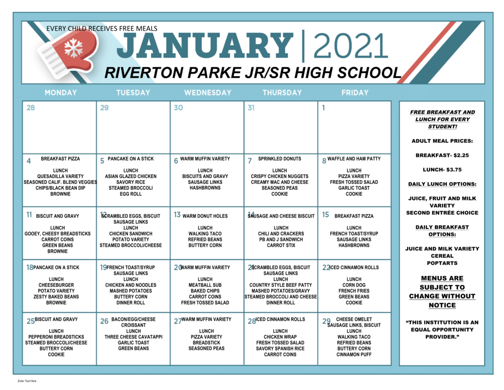 RP January 2021 Breakfast / Lunch Menu