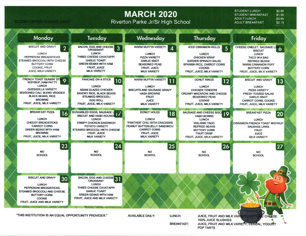 March 2020 Breakfast/Lunch Menu | Riverton Parke Jr./Sr. High School