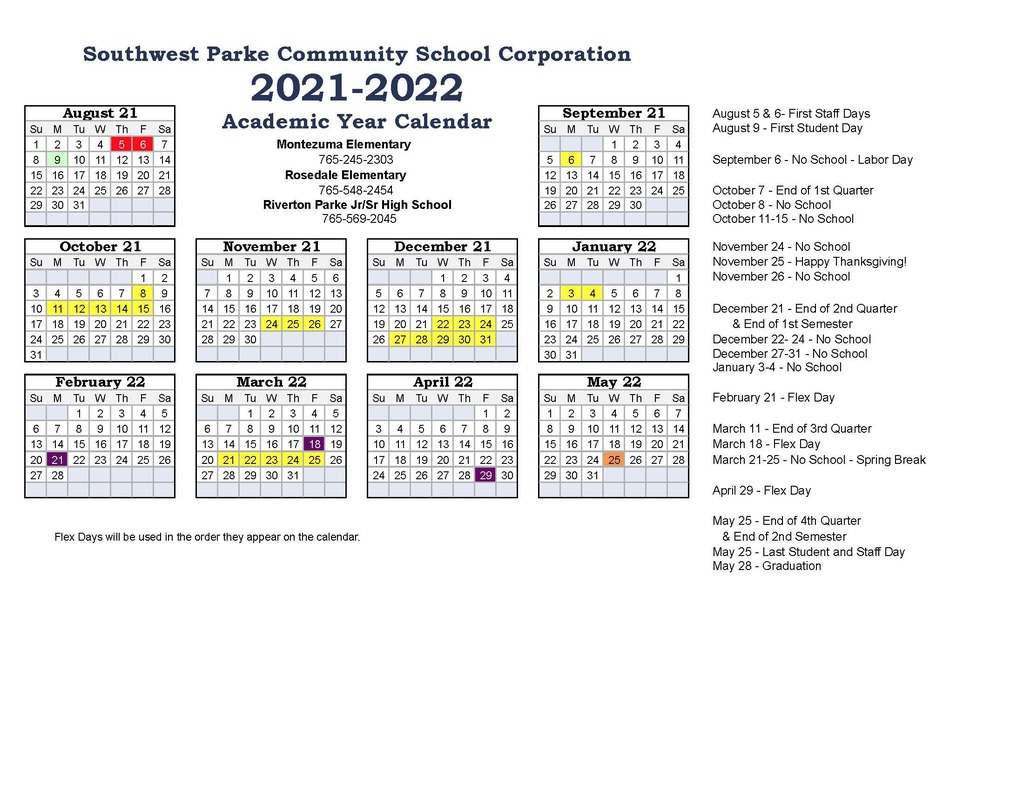 Southwest Parke Community School Corporation Calendar 2021 And 2022 - Publicholidays.com
