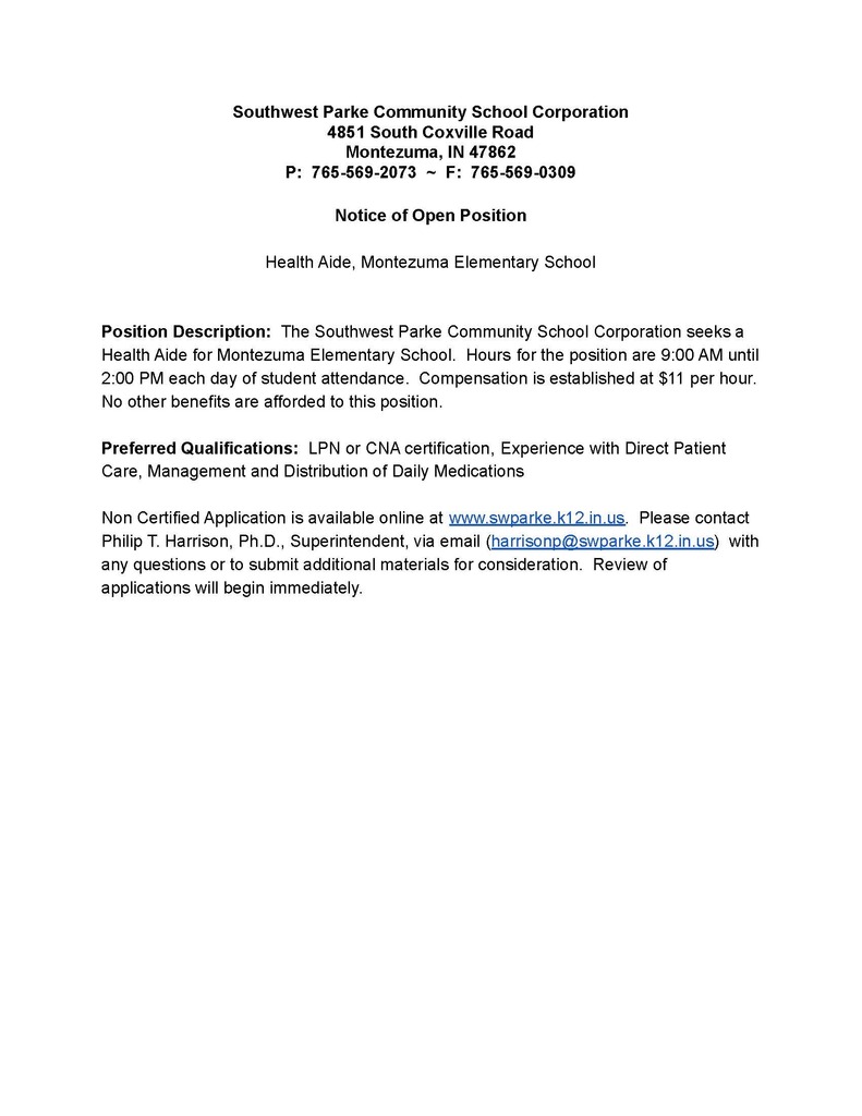 Health Aide Posting for Montezuma Elementary School