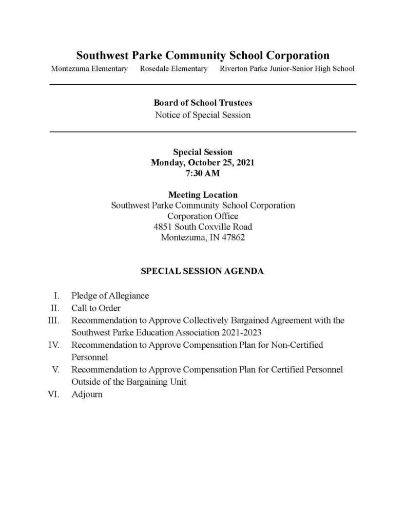 October 25, 2021 Special Session Agenda