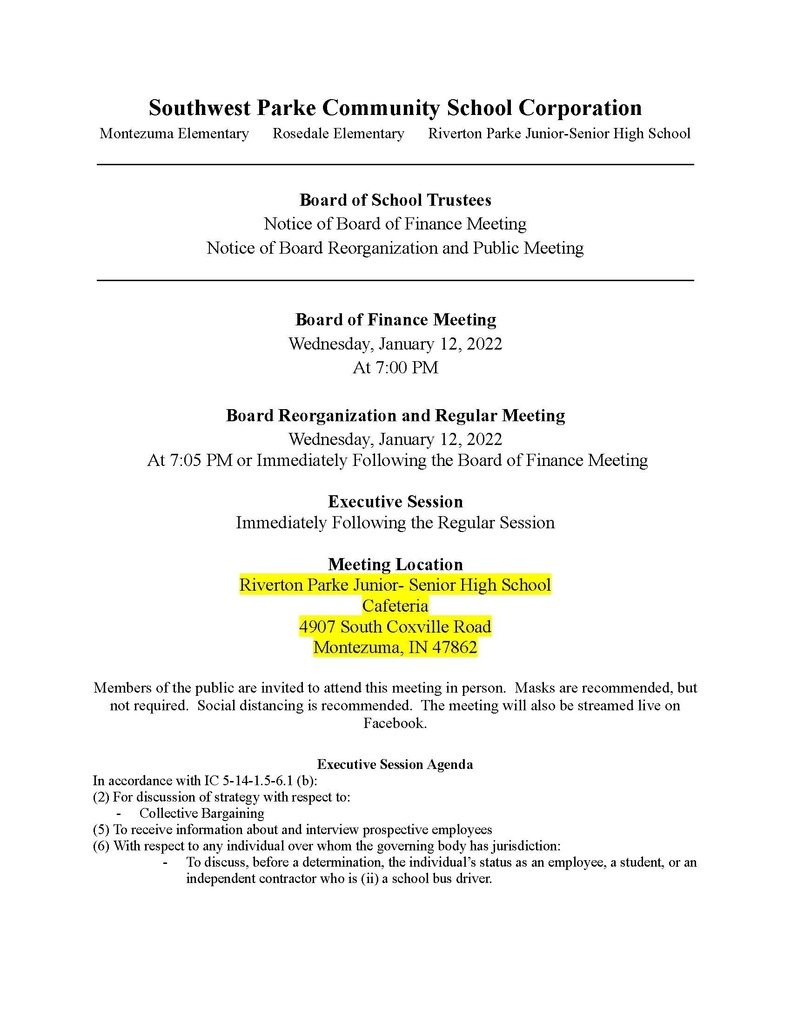 Notice of Public Meeting - January 12, 2022 - Southwest Parke School Board