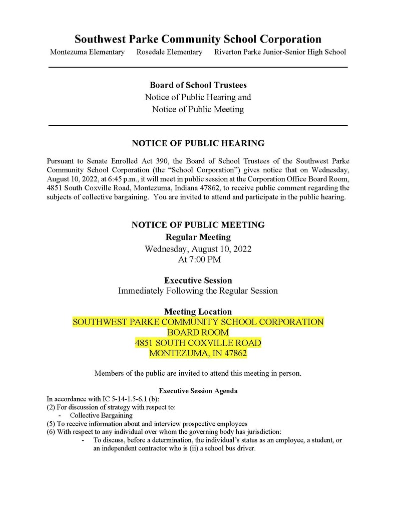 Notice of Public Hearing and Public Meeting - August 10, 2022